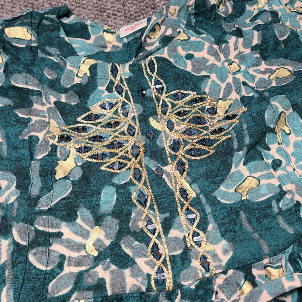 Kanchan Kids Teal Gold Foil Abstract Floral Embroidered Maxi Dress Size 40